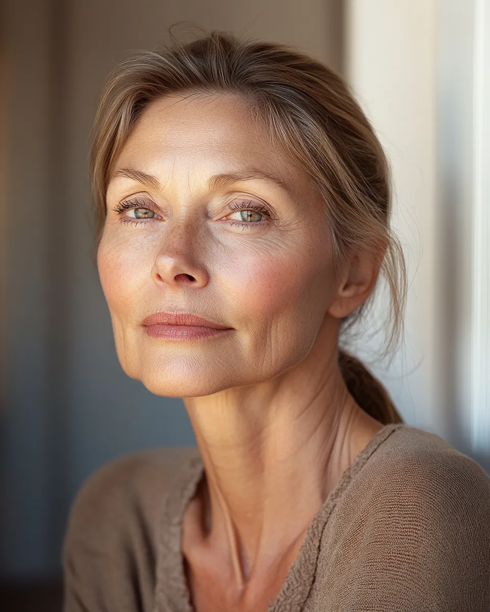 Editorial portrait of mature skin over 50 with natural makeup that stays fresh and doesn't settle in fine lines