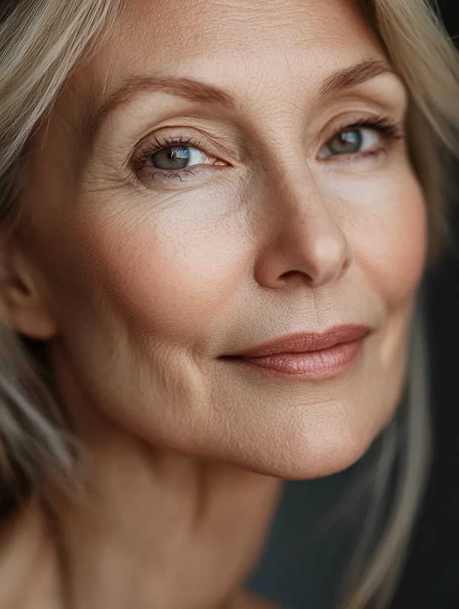 Beauty portrait of real mature woman over 50 with natural satin makeup that glows and doesn't settle in creases