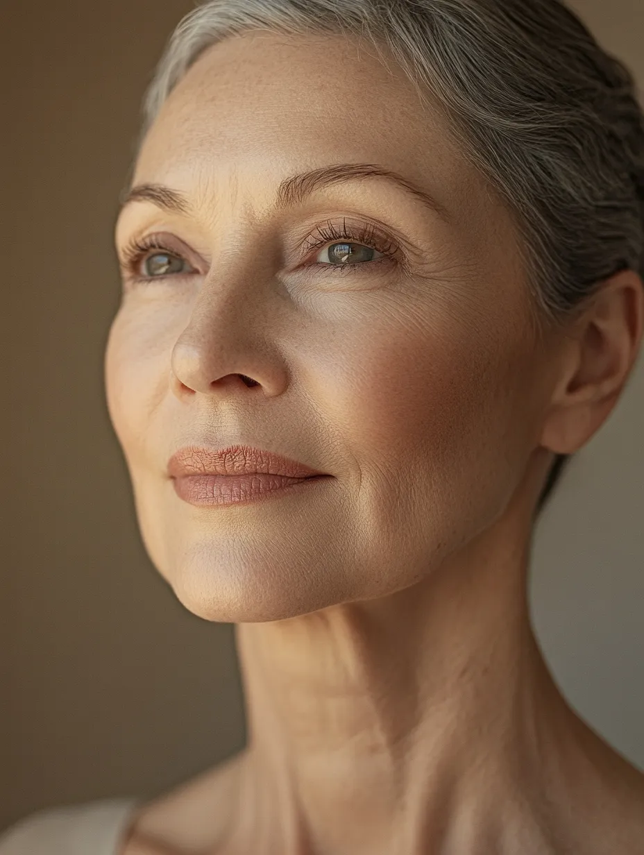 Real woman in her 60s with natural satin-finish makeup that doesn't settle into expression lines or wrinkles