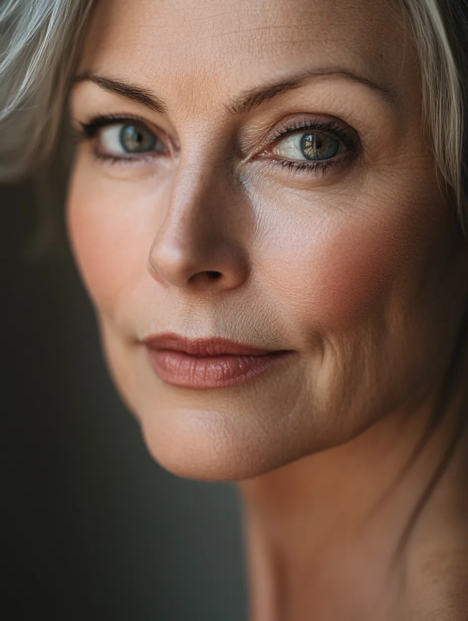 Editorial close portrait of mature skin over 50 with natural light-coverage makeup that stays fresh and doesn't settle