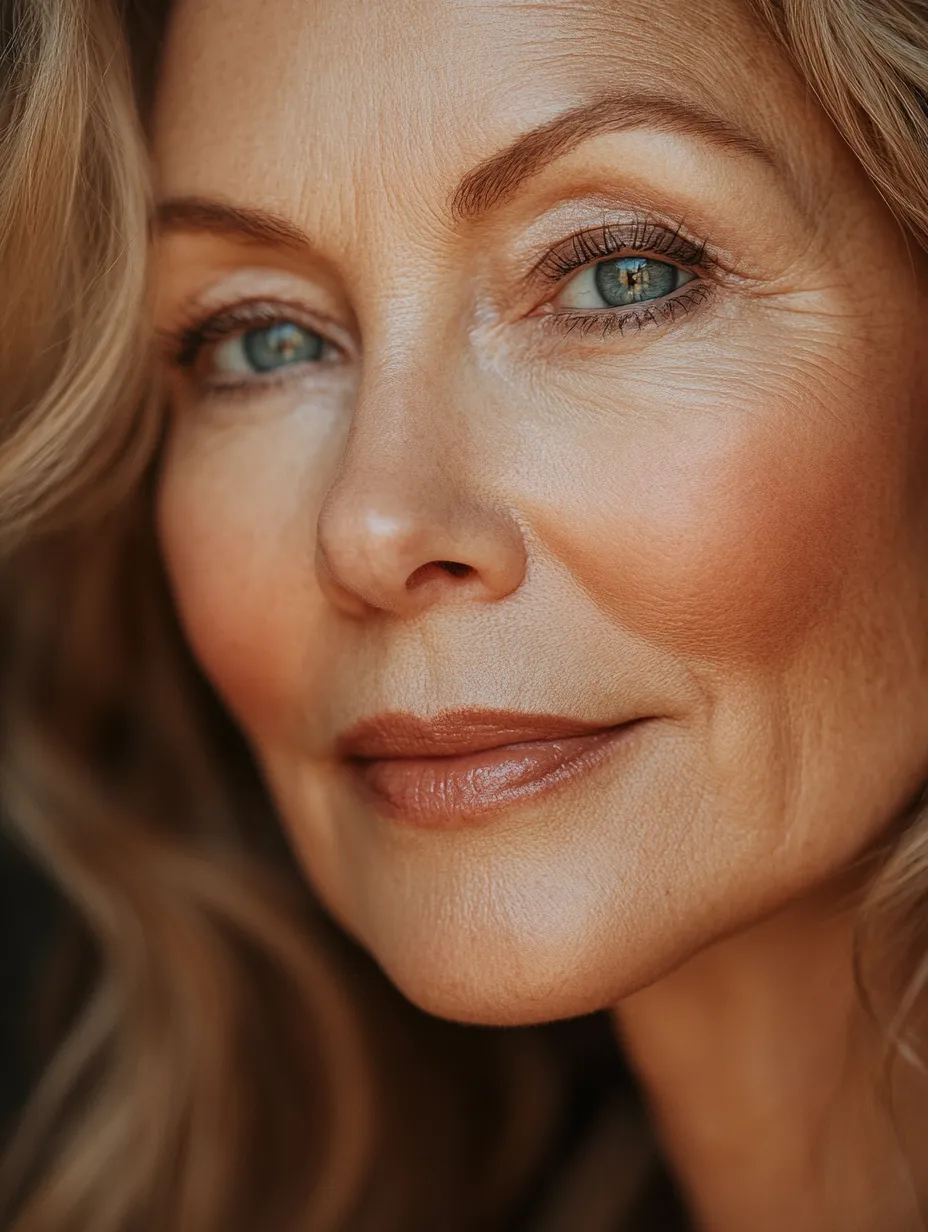 Close portrait of woman over 60 showing natural glowing makeup on mature skin that doesn't settle into fine lines