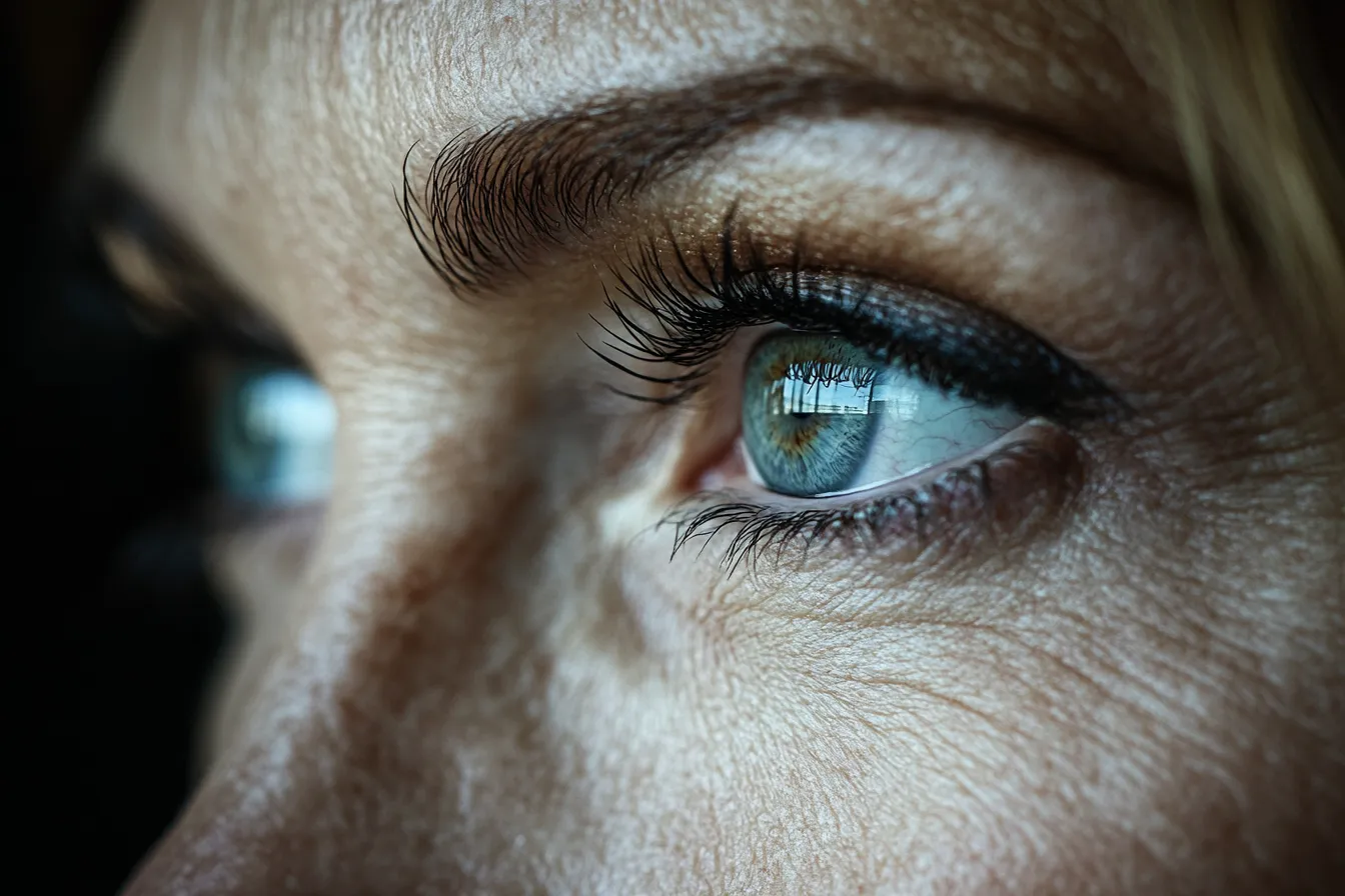 Close-up of mature eye over 50 with natural soft eye makeup that doesn't settle into lid creases or fine lines