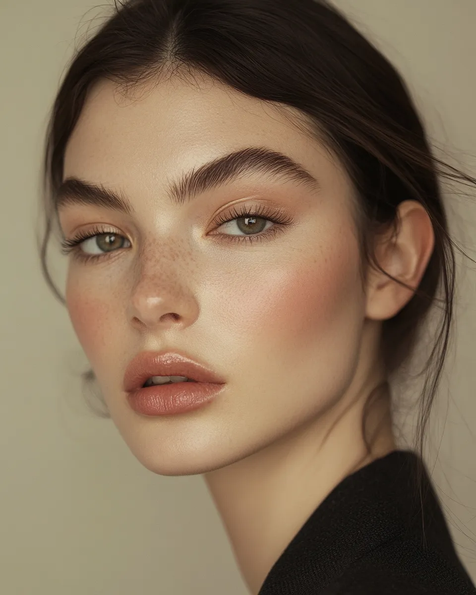 Editorial beauty shot of complete work makeup look with neutral tones and lasting power for a full 8-hour day
