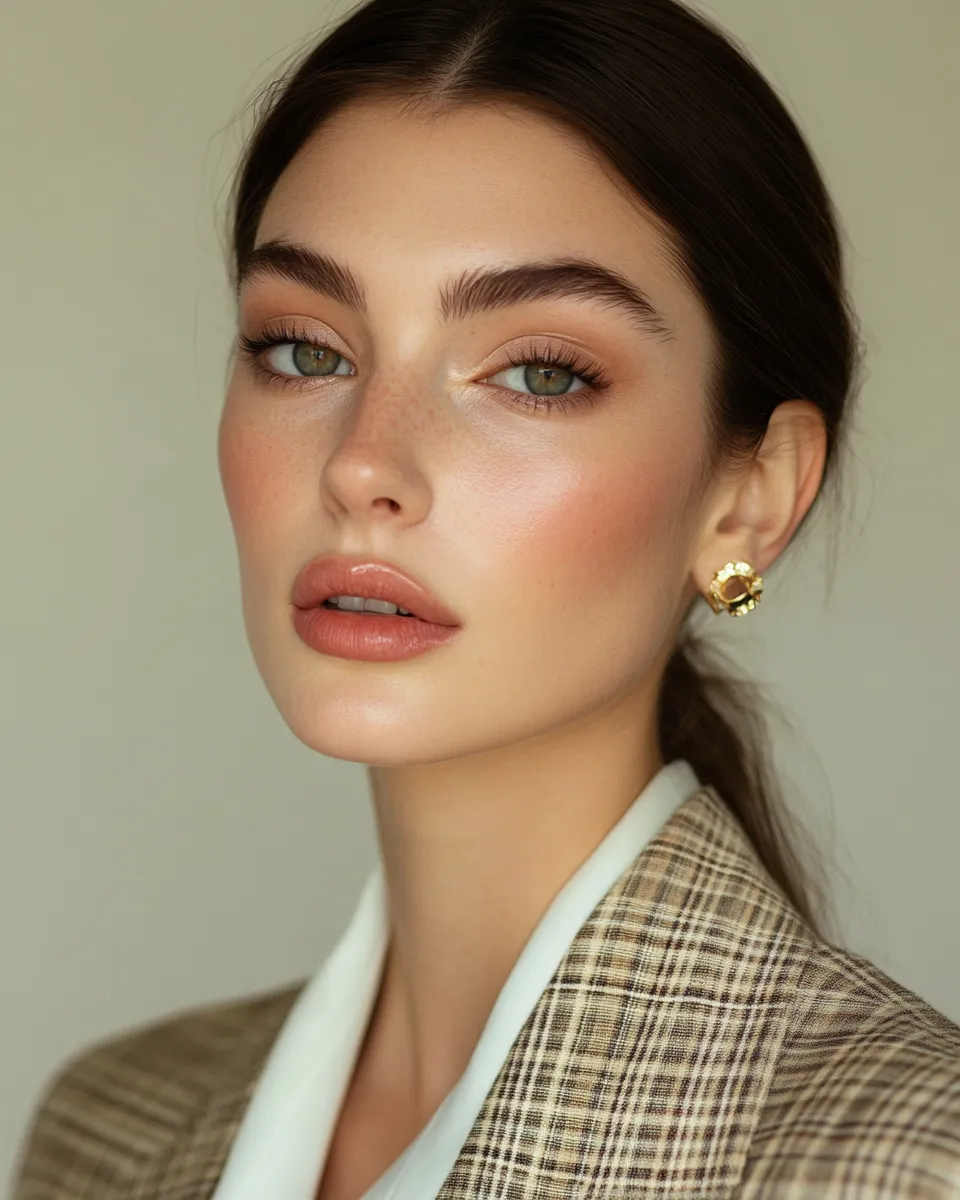 Full face portrait of polished office makeup look designed to last 8 hours with no touch ups throughout the workday
