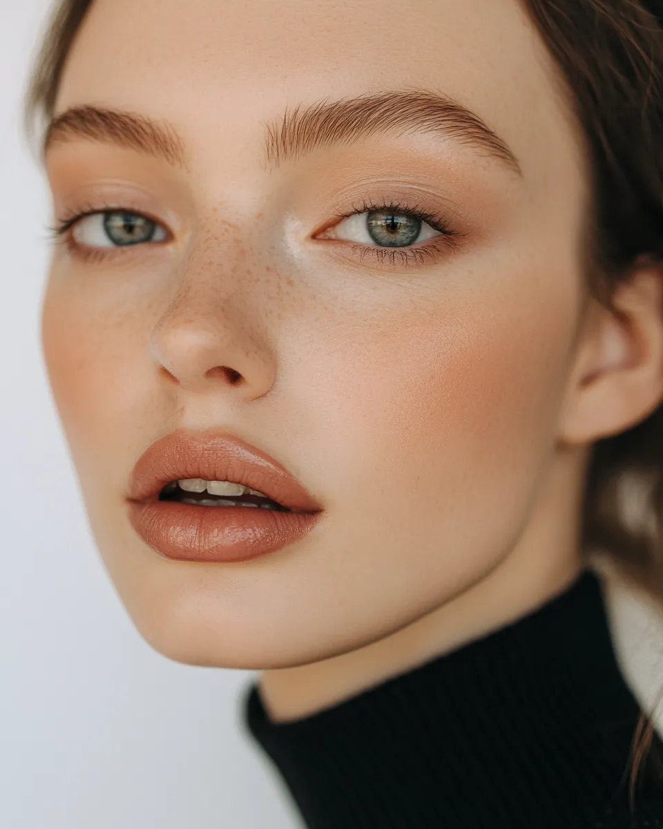 Close portrait of woman whose office makeup look including lips stayed fresh for 8 hours without any touch ups