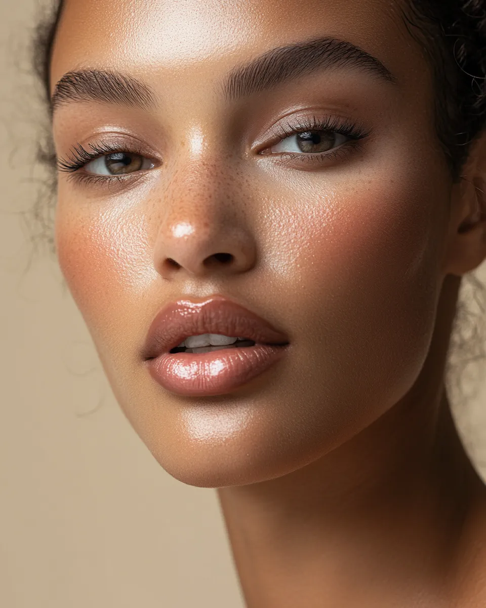 Woman with long-wear neutral lip color that has lasted 8 hours as part of a full office makeup look