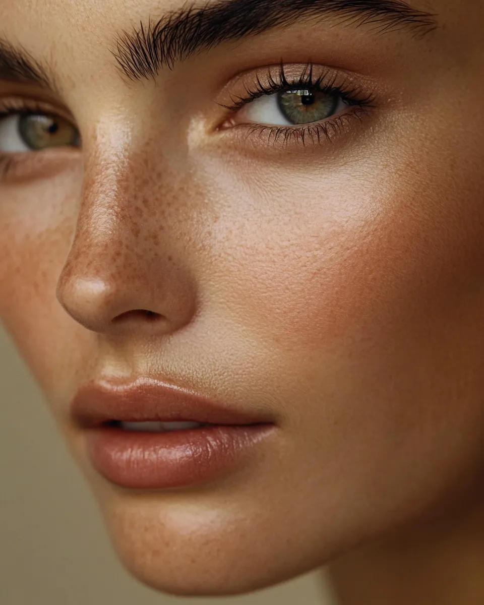 Close editorial portrait showing long-wear office makeup look with flawless foundation after a full workday