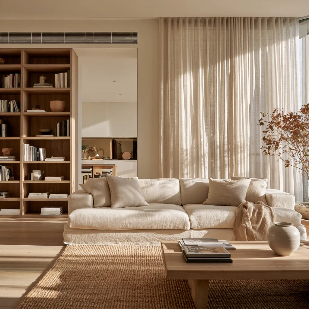 Sala de estar con distribución abierta y paredes color marfil