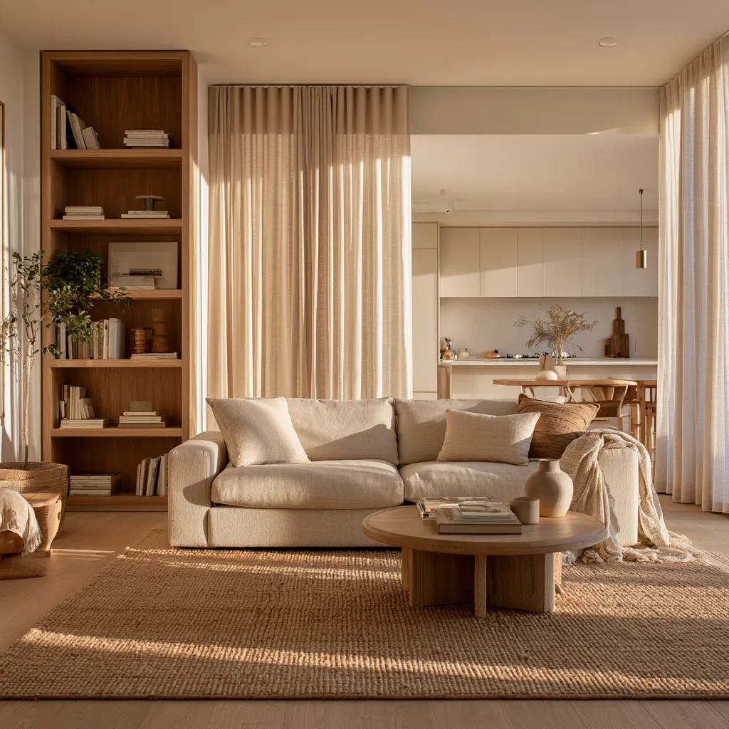 Interiores de apartamento pequeño con muebles de roble y luz natural