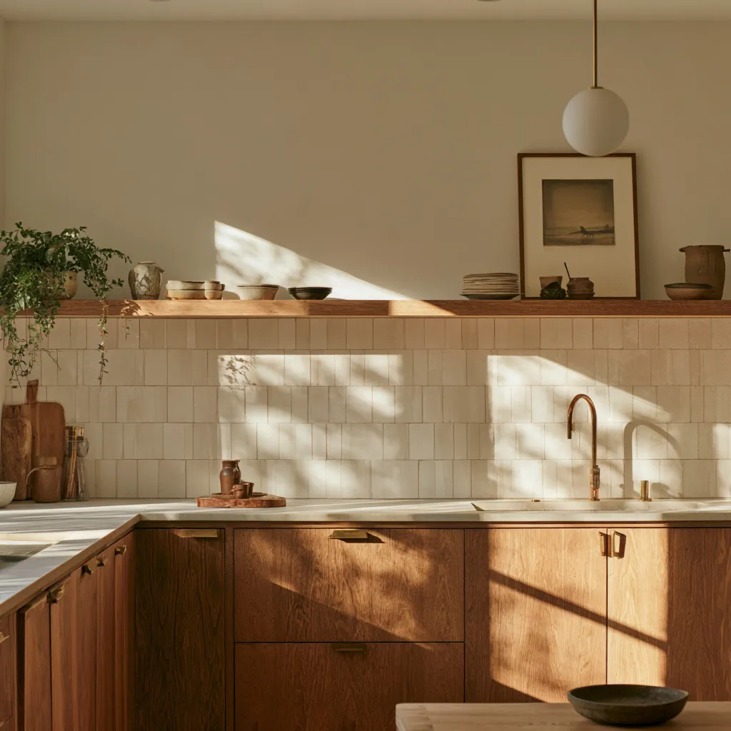 Cocina de apartamento pequeño con herrajes dorados y repisa flotante