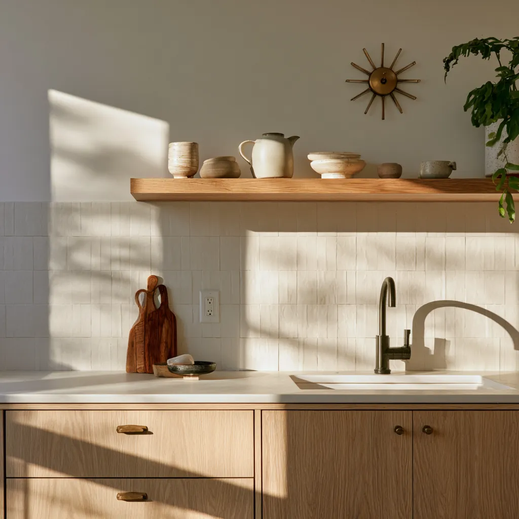 Ideas decorativas cocina compacta con estantes abiertos y azulejos adhesivos