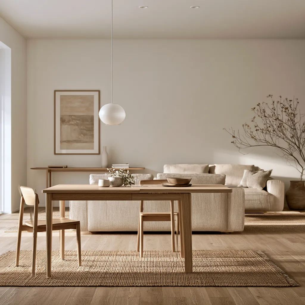 Distribuidor de espacios con alfombra yute y muebles roble