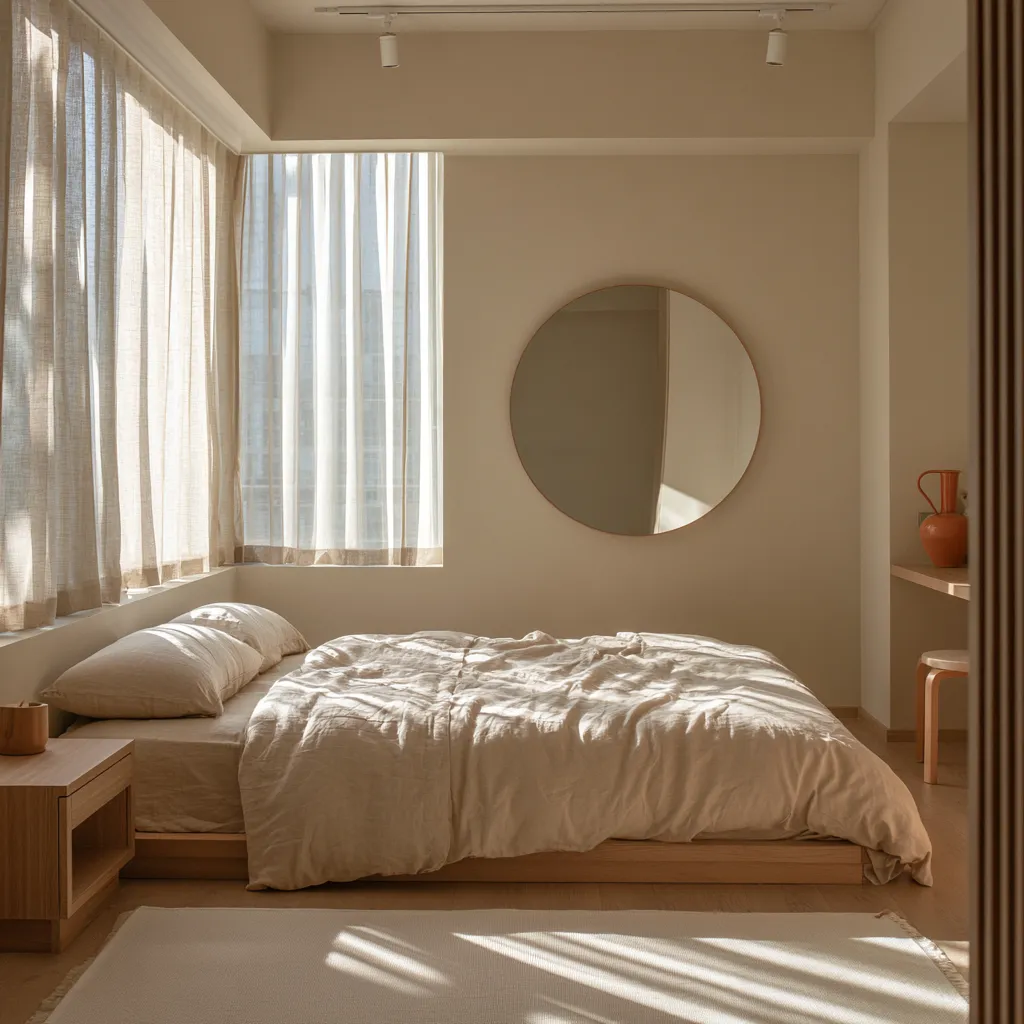 Recámara de apartamento pequeño con paredes gris verdoso y espejo redondo