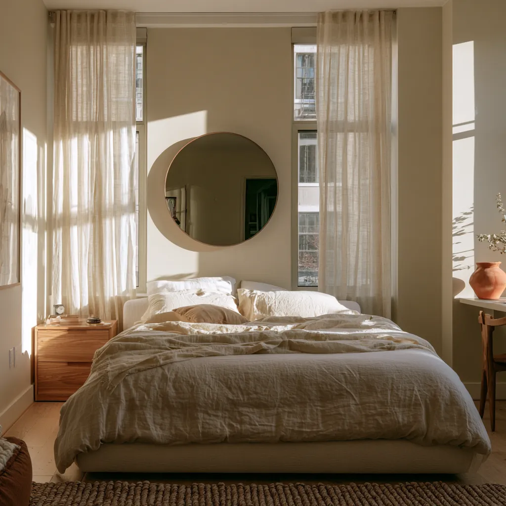 Ideas para decorar apartamento pequeño: cama baja con mesas de noche roble