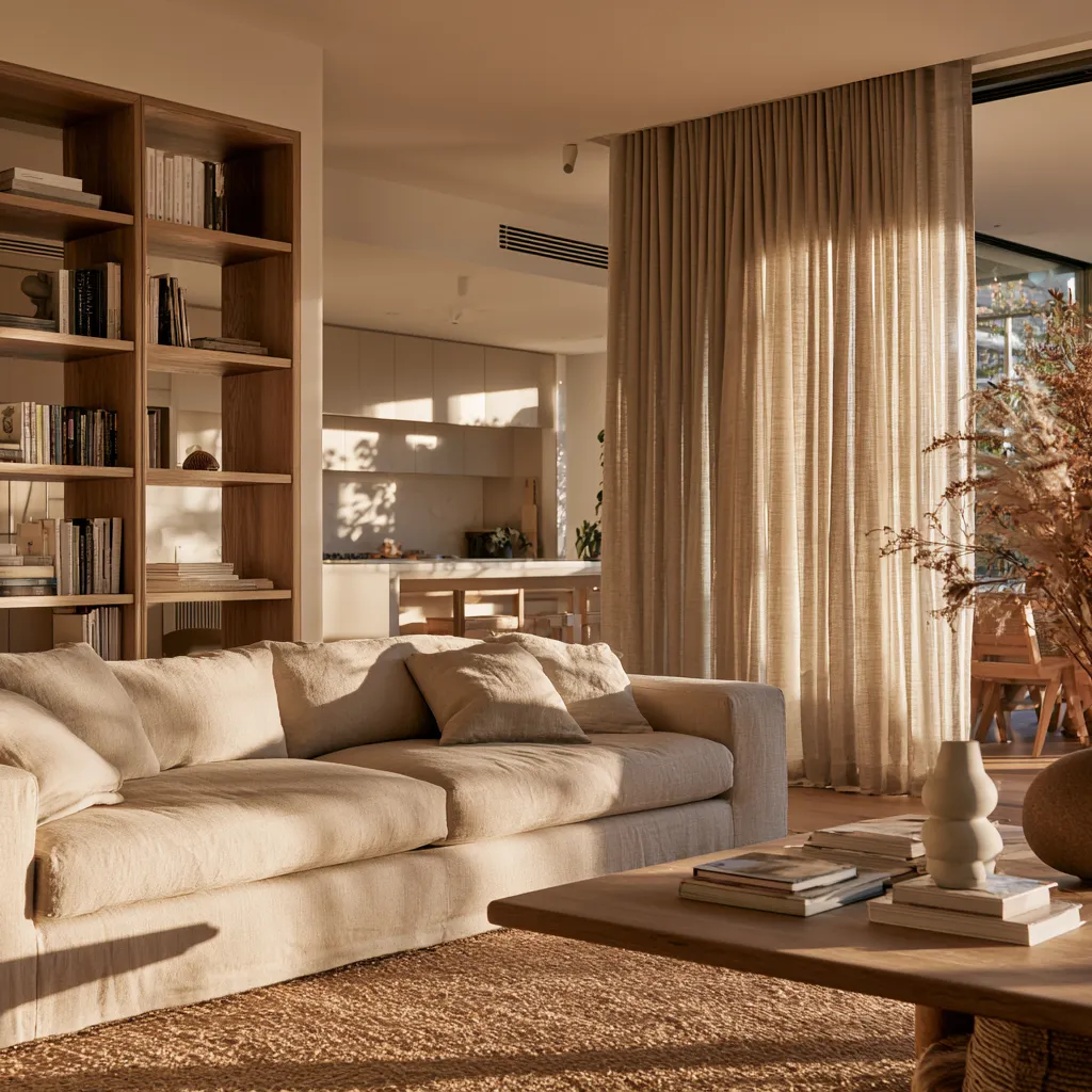 Decoración apartamento pequeño con tonos cálidos y cortinas translúcidas