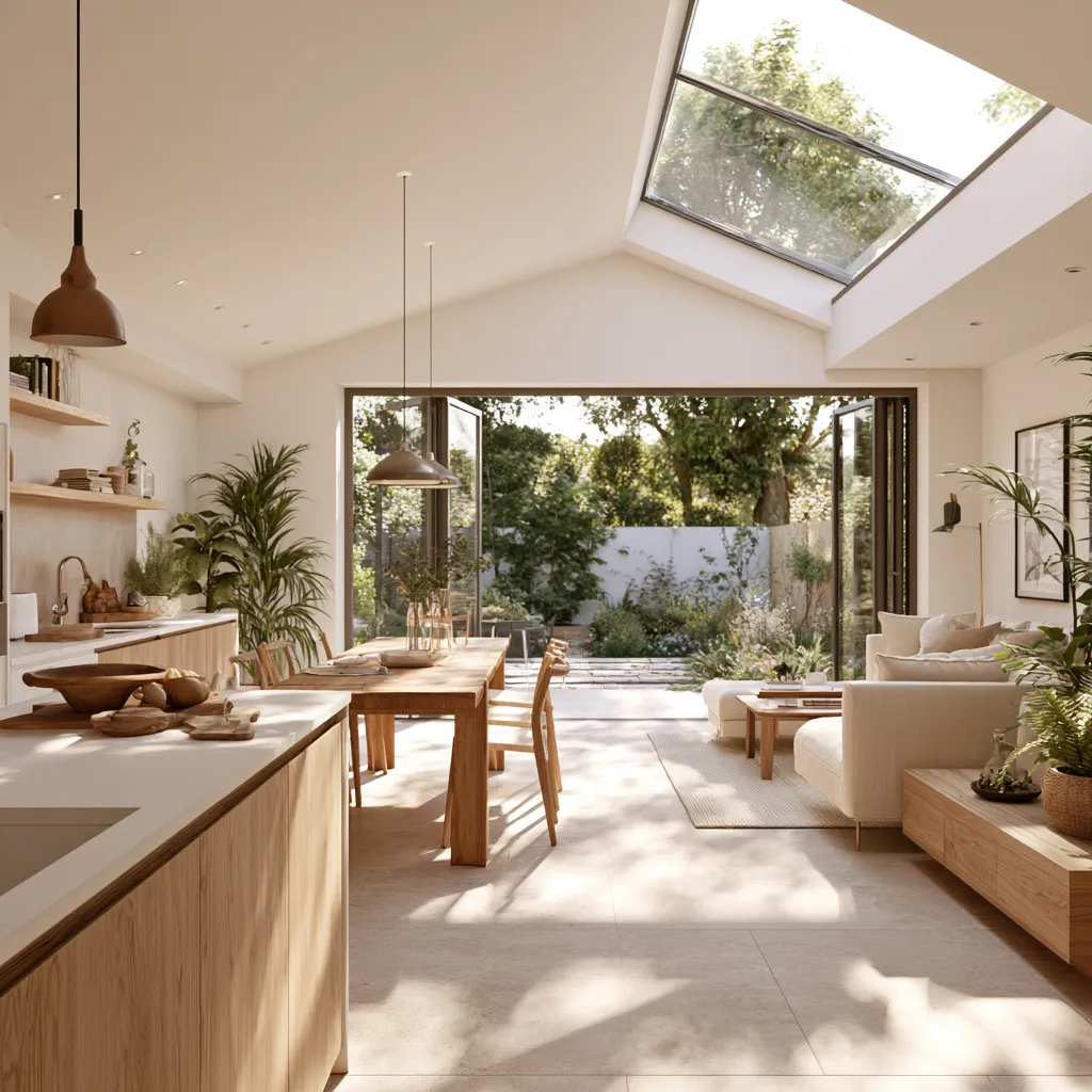 Open plan living kitchen diner ideas small house with white tile floor and garden bifold doors