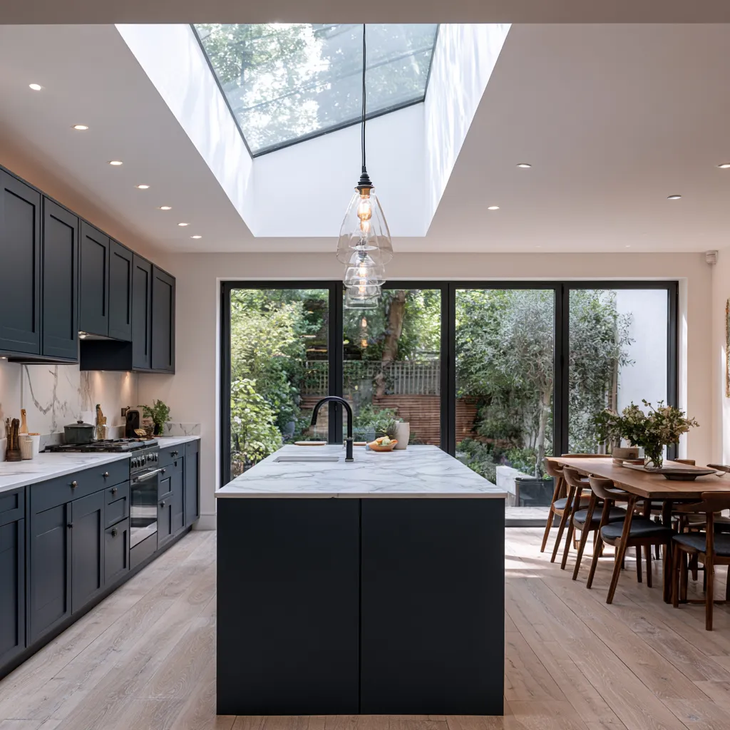 Open plan kitchen diner living room small house with island and rooflight extension