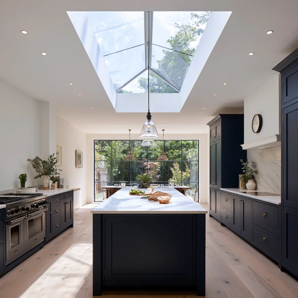 Small house kitchen diner with central island, rooflight and navy cabinets in rear extension