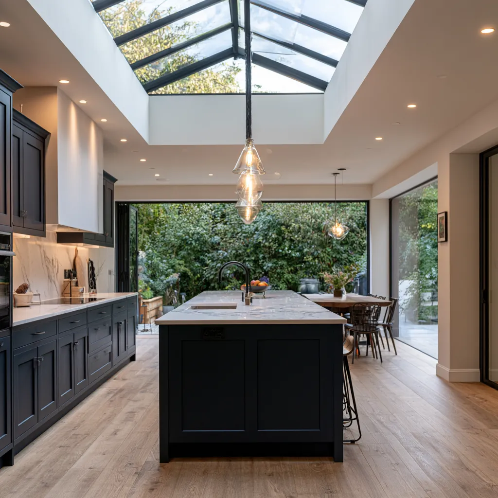 Open plan kitchen island ideas for small house extension with natural rooflight above