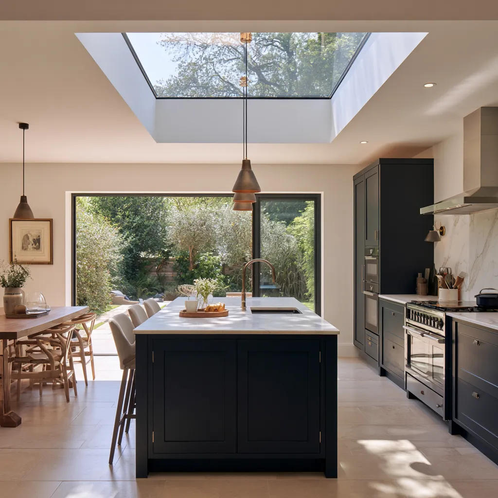 Small house open plan kitchen diner island layout with roof lantern and marble worktop