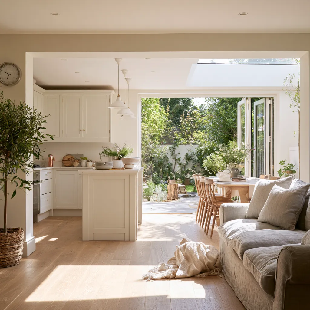 Open plan kitchen diner living room ideas for small house with bifold doors and oak flooring