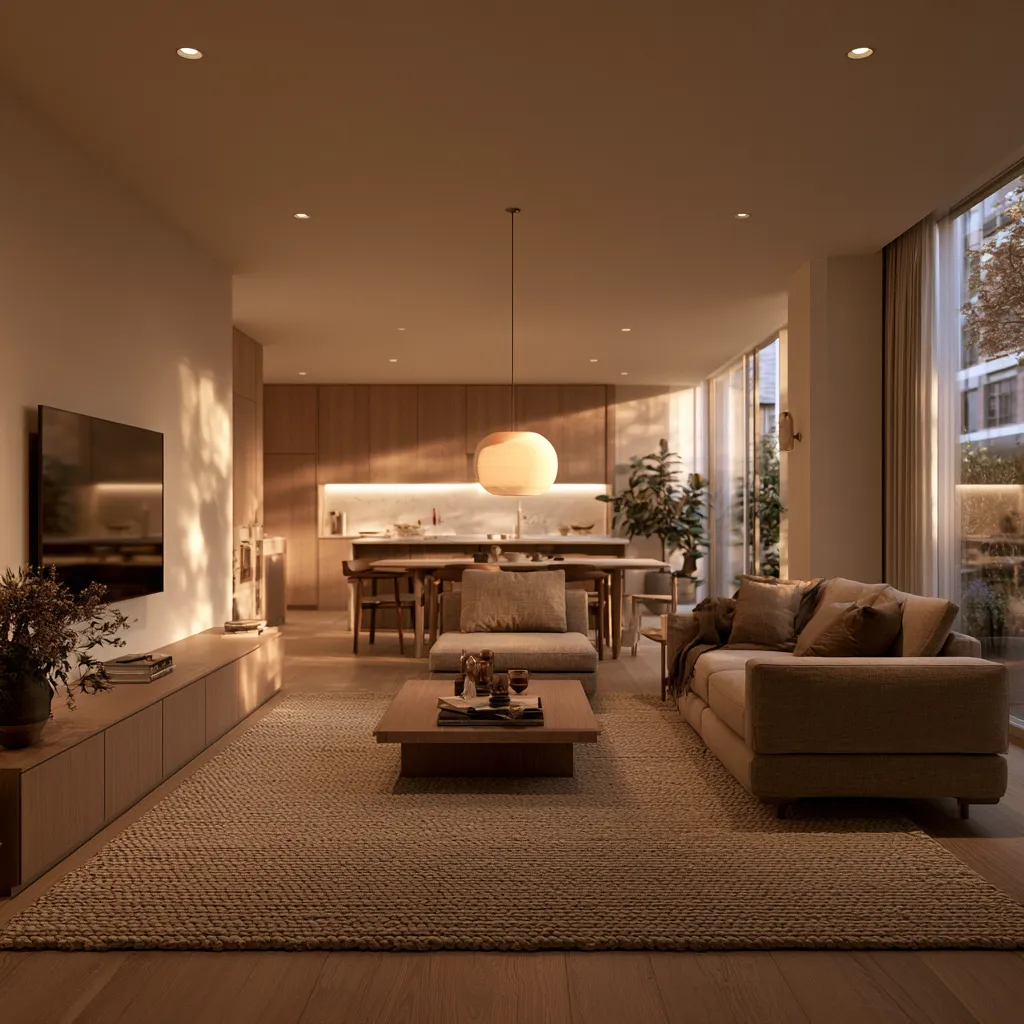 Open plan kitchen diner living room small house sofa arrangement with pendant coffee table light