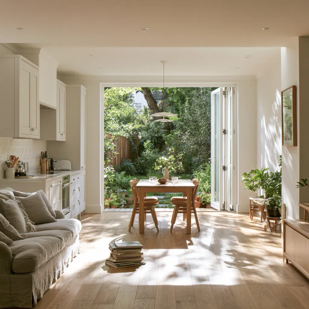 Open plan kitchen diner living room small UK terraced house with continuous oak floor