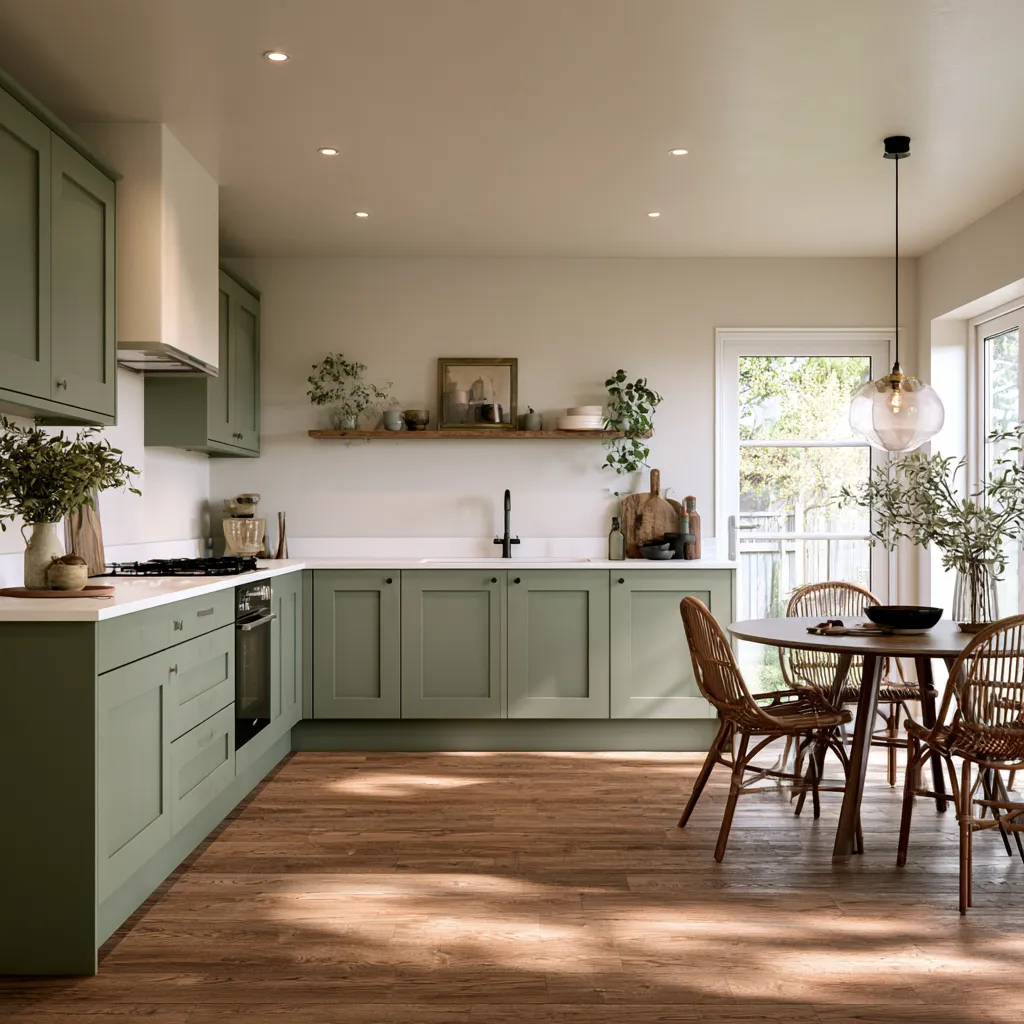 Small house open plan kitchen diner living room with green shaker units and timber floor