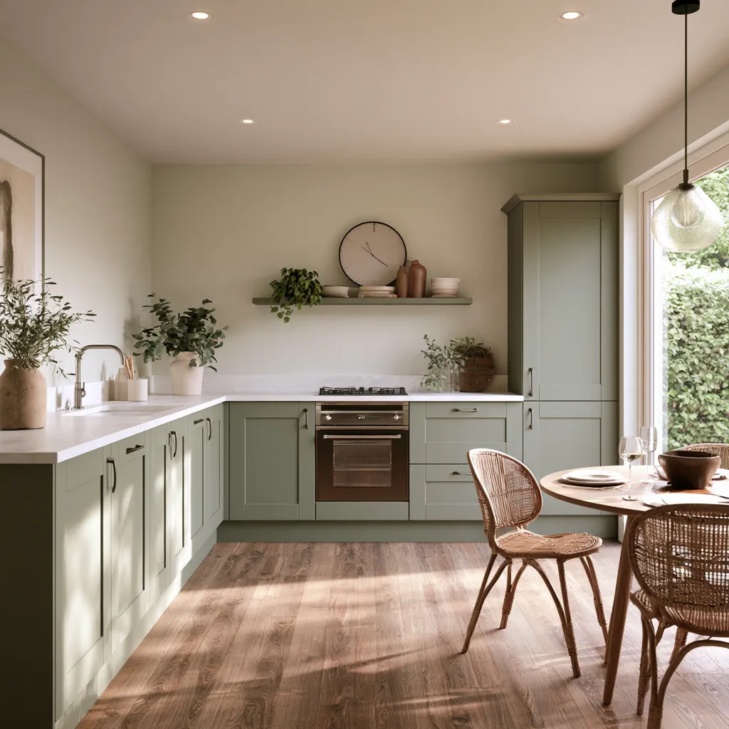 Open plan kitchen diner ideas for small semi-detached house with sage green cabinets
