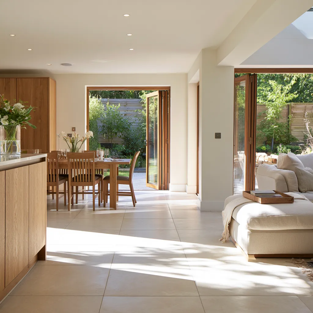 Small house open plan kitchen diner flooring ideas with large porcelain tile throughout