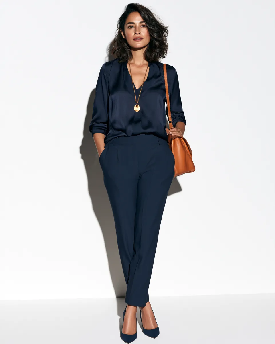 petite women over 40 monochrome navy outfit V-neck blouse slim trousers kitten heels pendant necklace