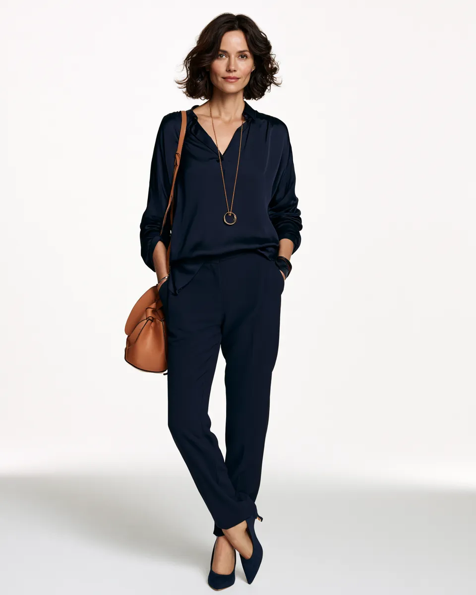 outfits petite woman over 40 all navy monochrome silk blouse crepe trousers pointed heels