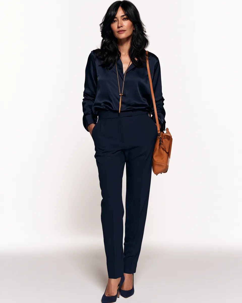 petite over 40 fashion monochrome navy outfit fitted blouse slim trouser kitten heel bag