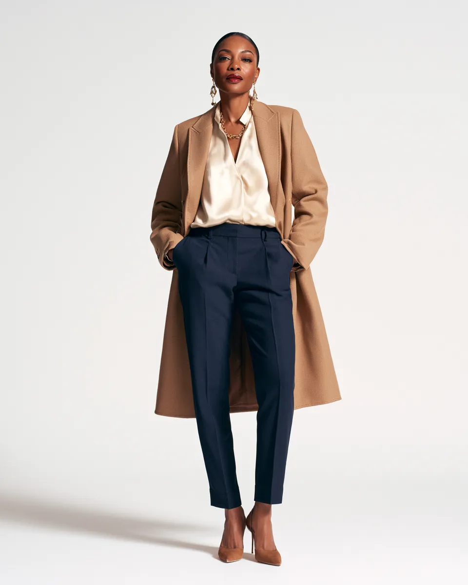 stylish outfits petite over 40 camel blazer navy straight trousers pointed heels