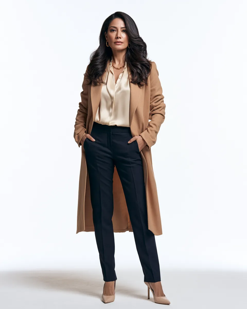 petite over 40 fashion outfit ideas longline blazer silk blouse slim trouser gold jewellery