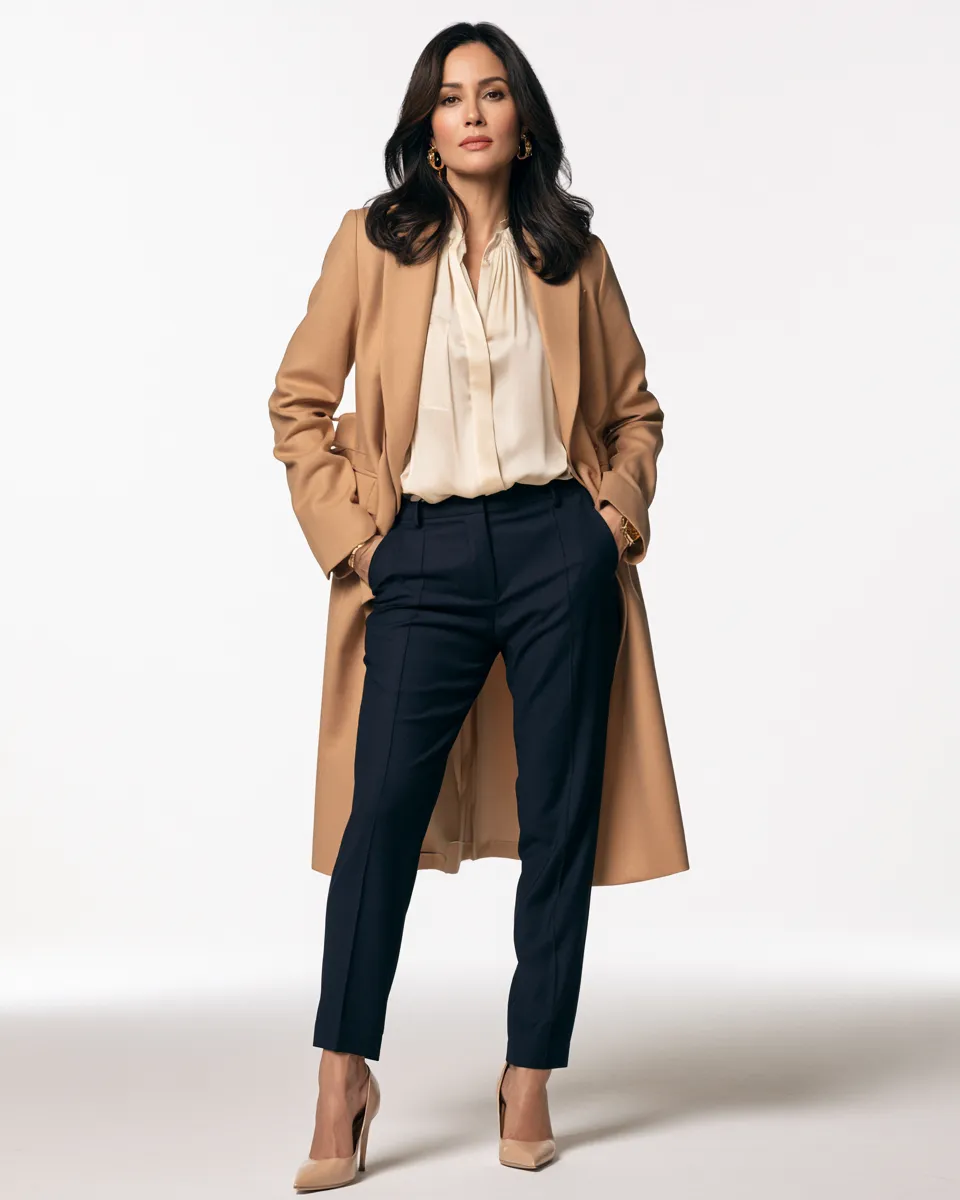 outfits for petite women over 40 camel longline blazer navy trousers kitten heels