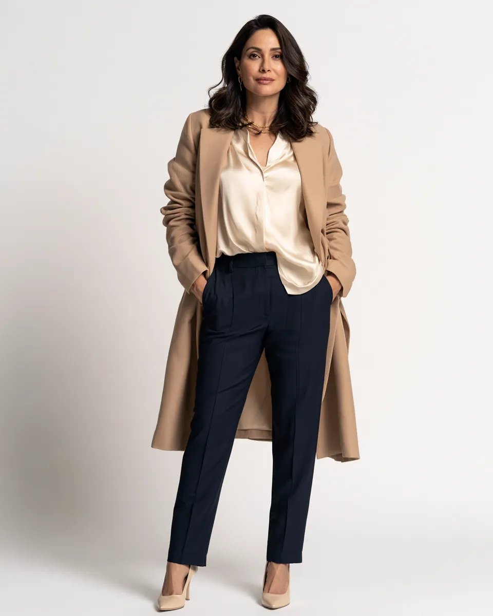 petite women over 40 outfit ideas tailored blazer slim trousers silk blouse editorial