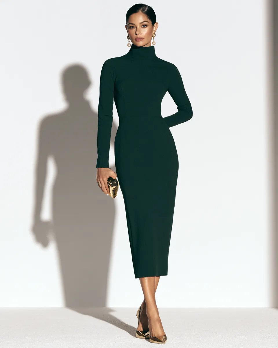 petite over 40 dress outfit idea column crepe dress knee length kitten heels chignon