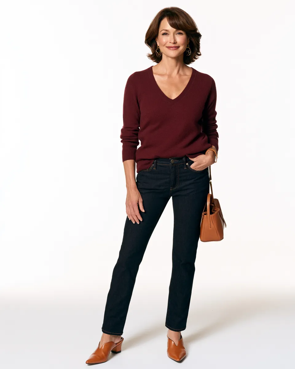 petite women over 40 denim outfit dark indigo straight jeans burgundy V-neck knit kitten heels
