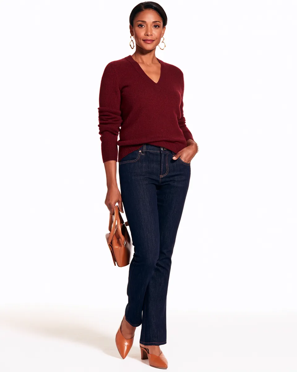 outfits for petite women over 40 straight leg jeans cashmere burgundy knit tan kitten mule