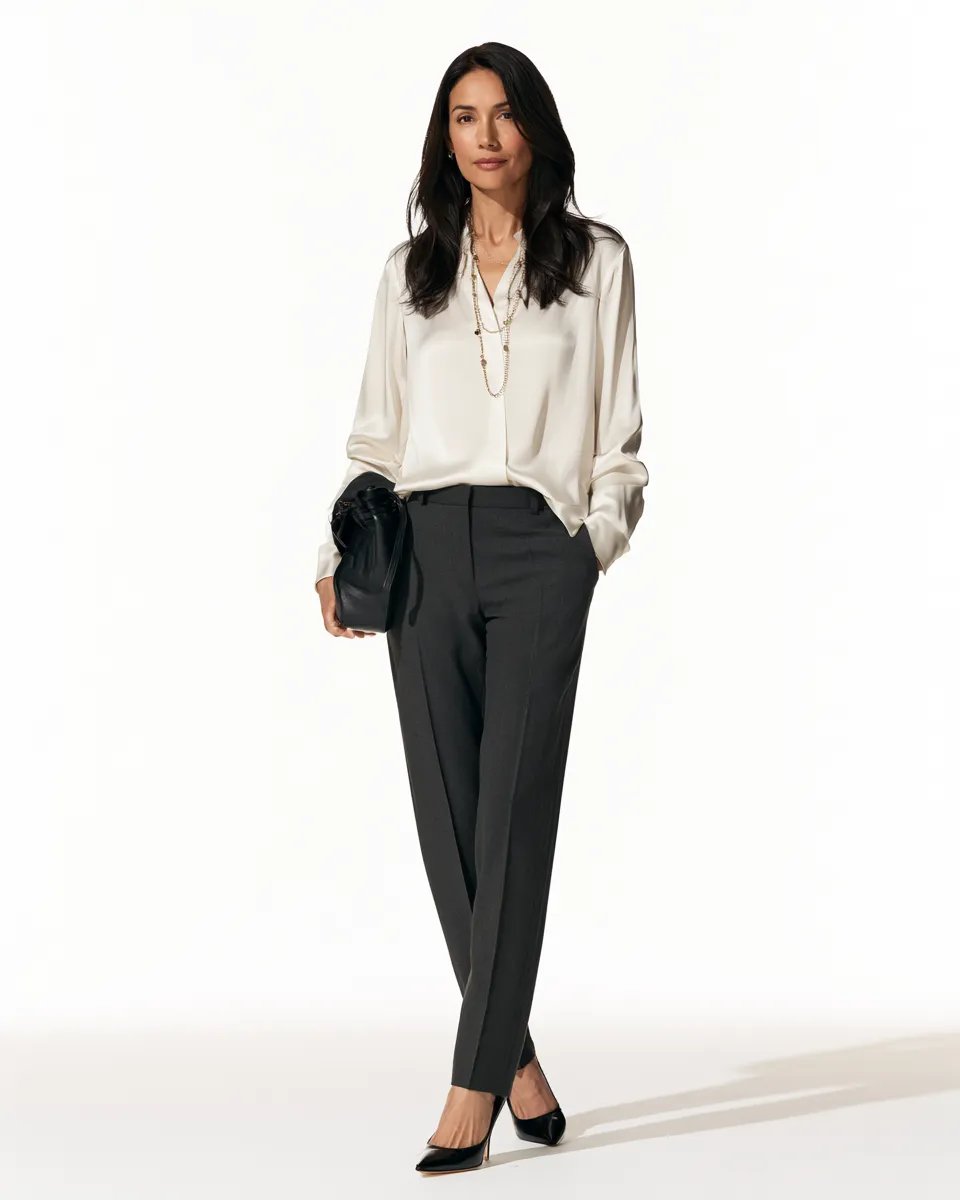 outfits for petite over 40 high rise slim trousers ivory silk blouse pointed heels editorial