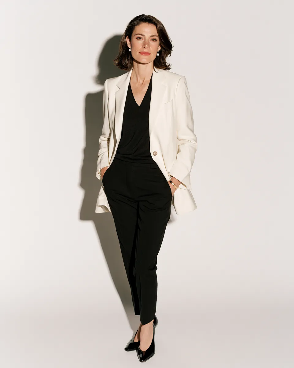 fashion for petite women over 40 blazer outfit open blazer cream black trousers pearl earrings