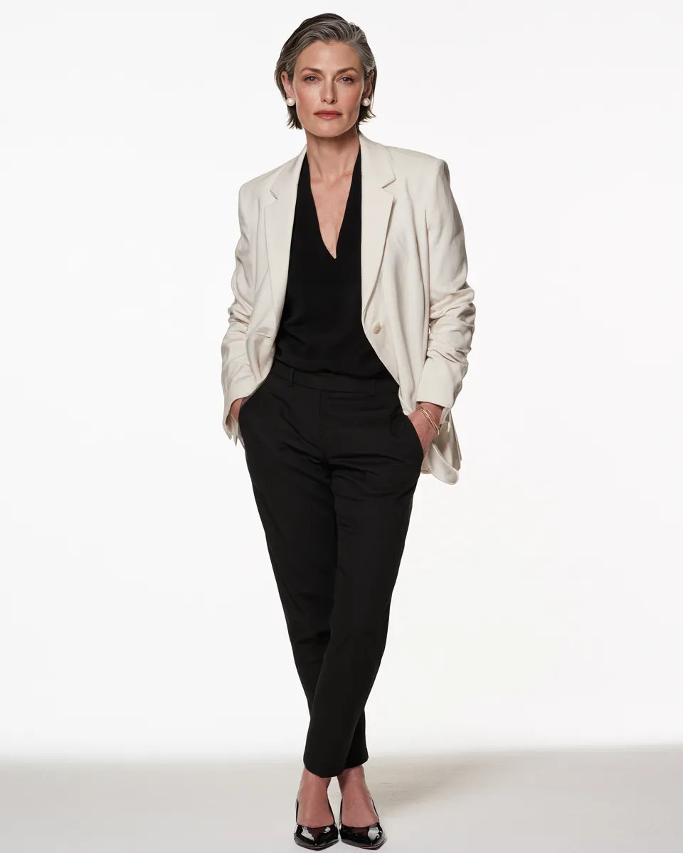petite women over 40 outfit cream single button blazer slim black trousers kitten heels
