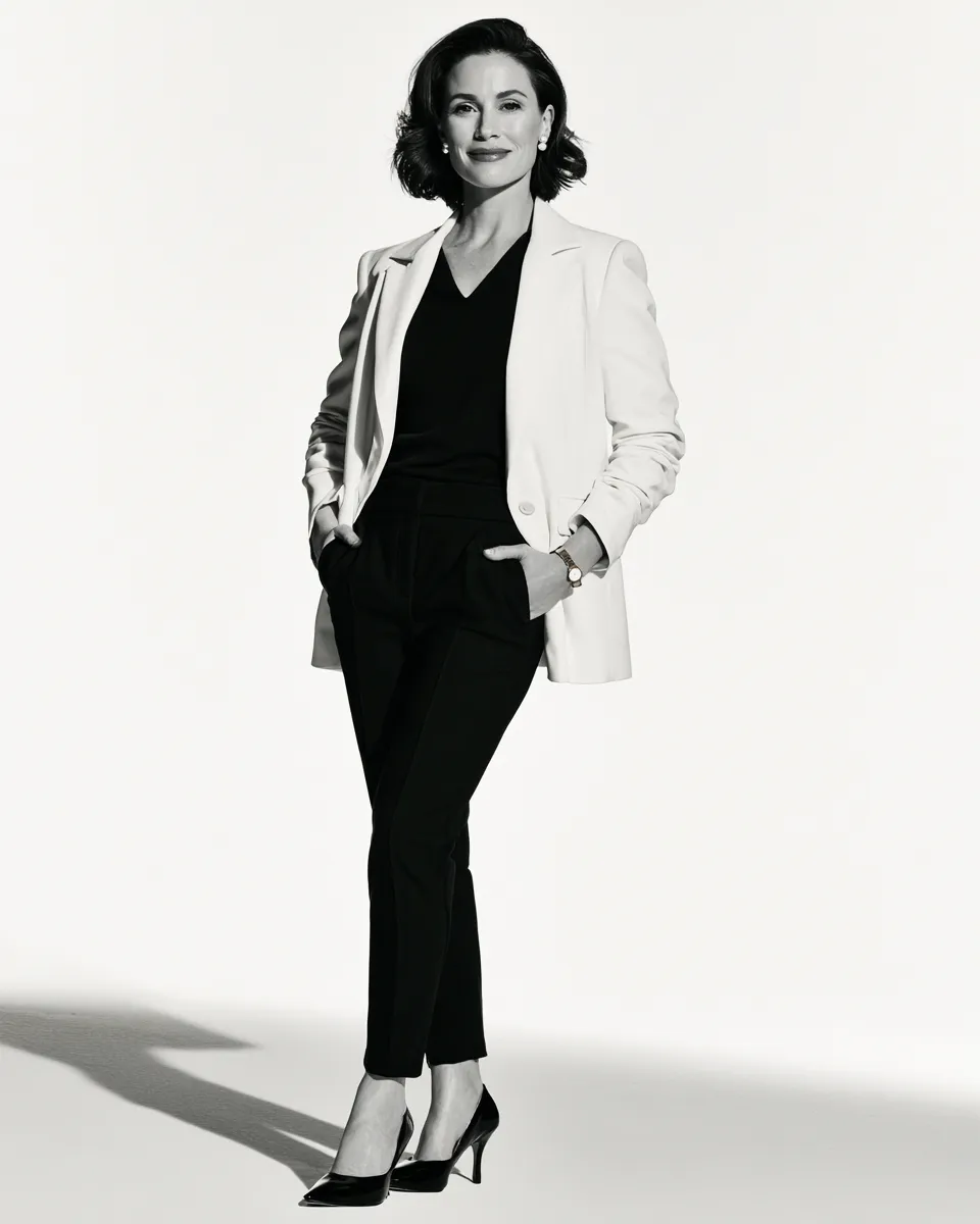 outfits for petite over 40 blazer cream open front V-neck black trousers pointed heels editorial