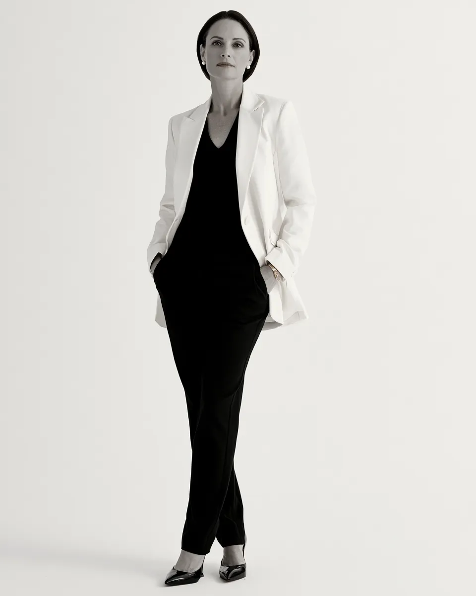 petite woman over 40 blazer outfit single button cream black slim trouser patent kitten heel