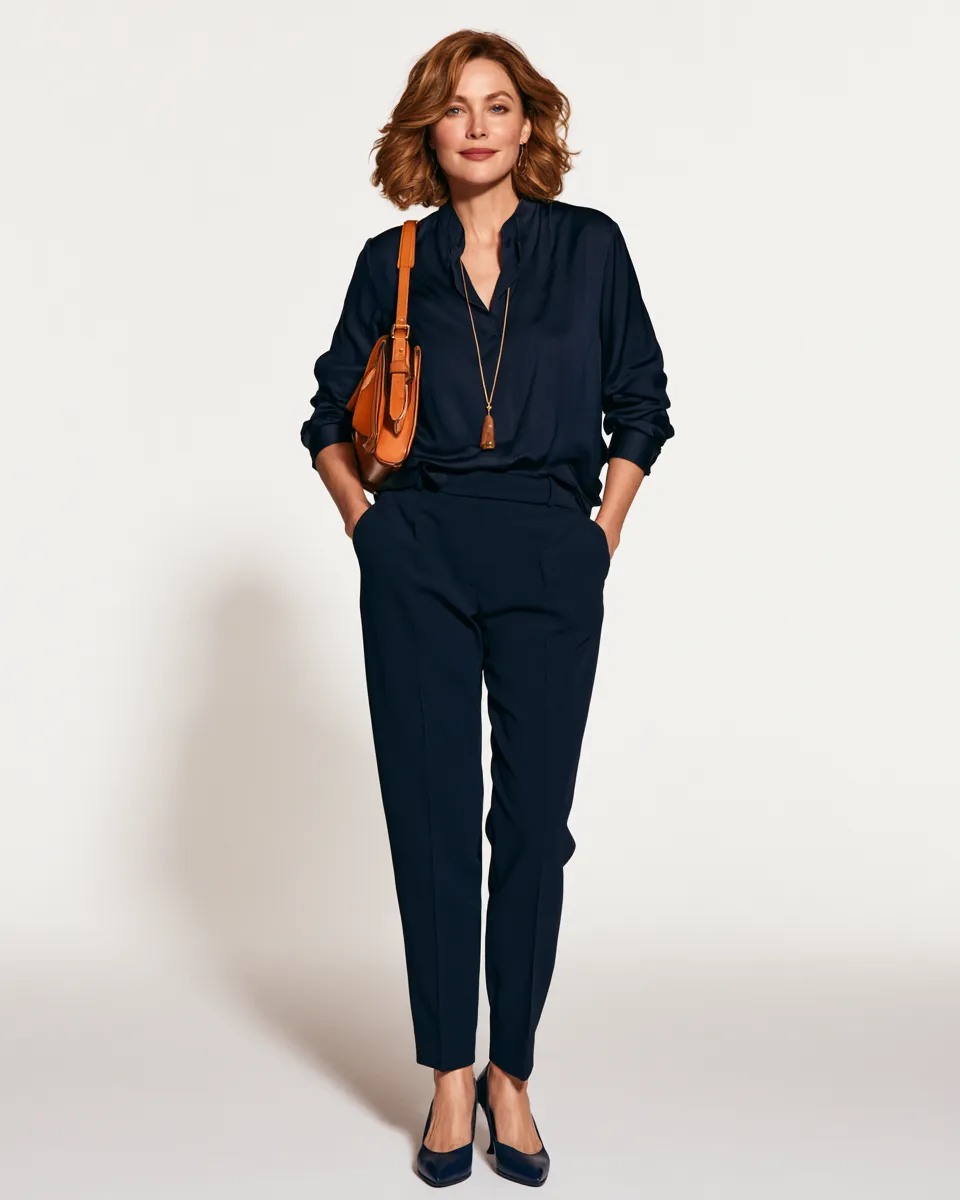petite women over 40 monochrome navy outfit V-neck blouse slim trousers kitten heels pendant necklace