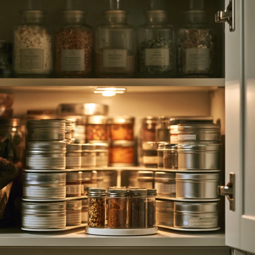 Pantry ideas for small kitchen without pantry using tiered shelves and rotating turntable organiser