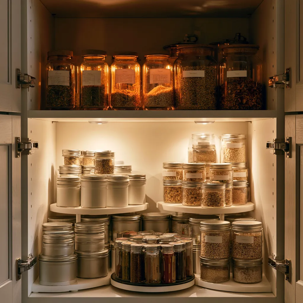 Small kitchen without a pantry cabinet interior with tiered risers turntable and labelled jars