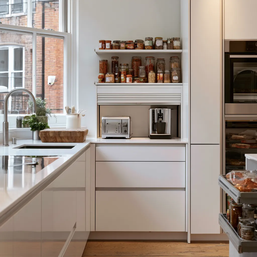 Small kitchen pantry ideas with appliance garage and pull-out larder tower for storage