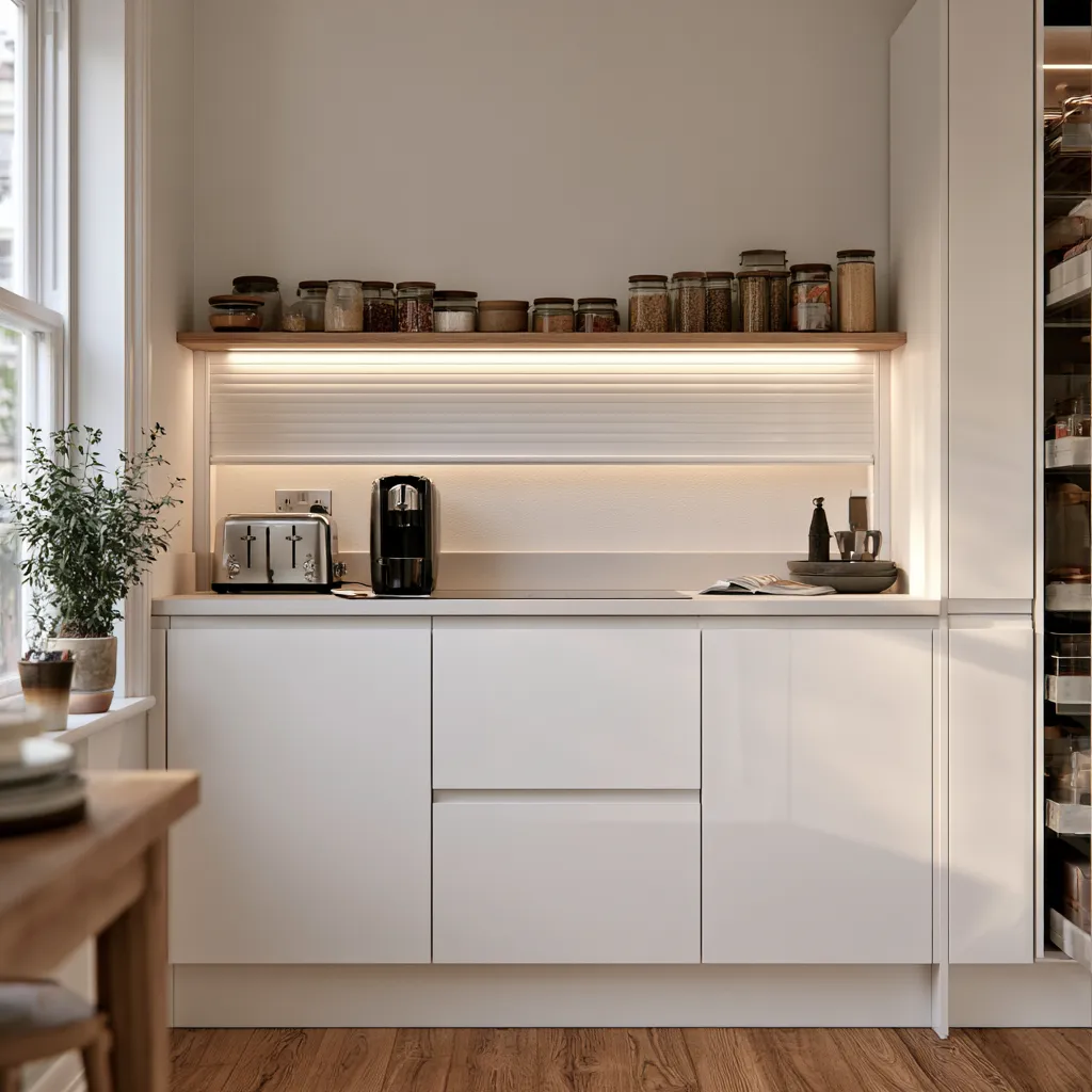 Pantry storage ideas for small kitchen using appliance garage and pull-out larder unit